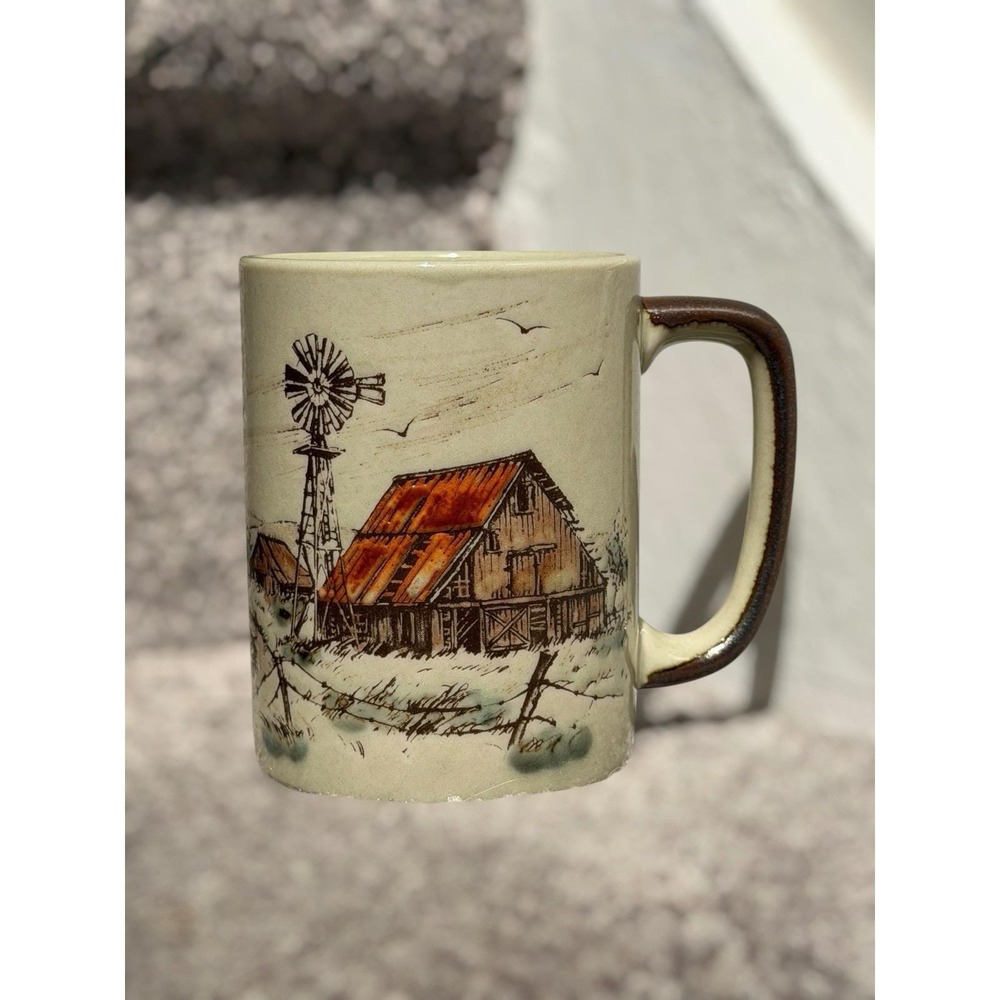 Vintage Otagiri Rustic Farm Stoneware Coffee/Tea Mug Barn Windmill Western Cup